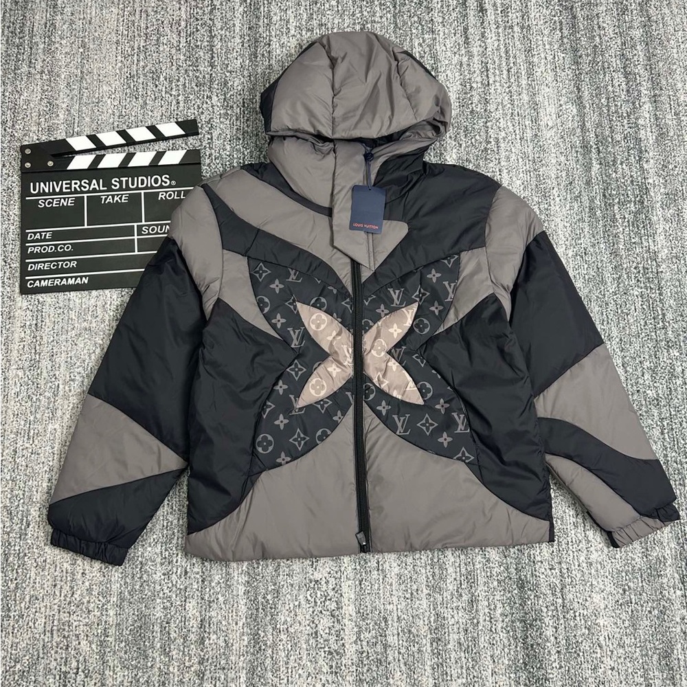Louis Vuitton Men's Hooded Puffer Jacket in Black and Gray with Monogram X